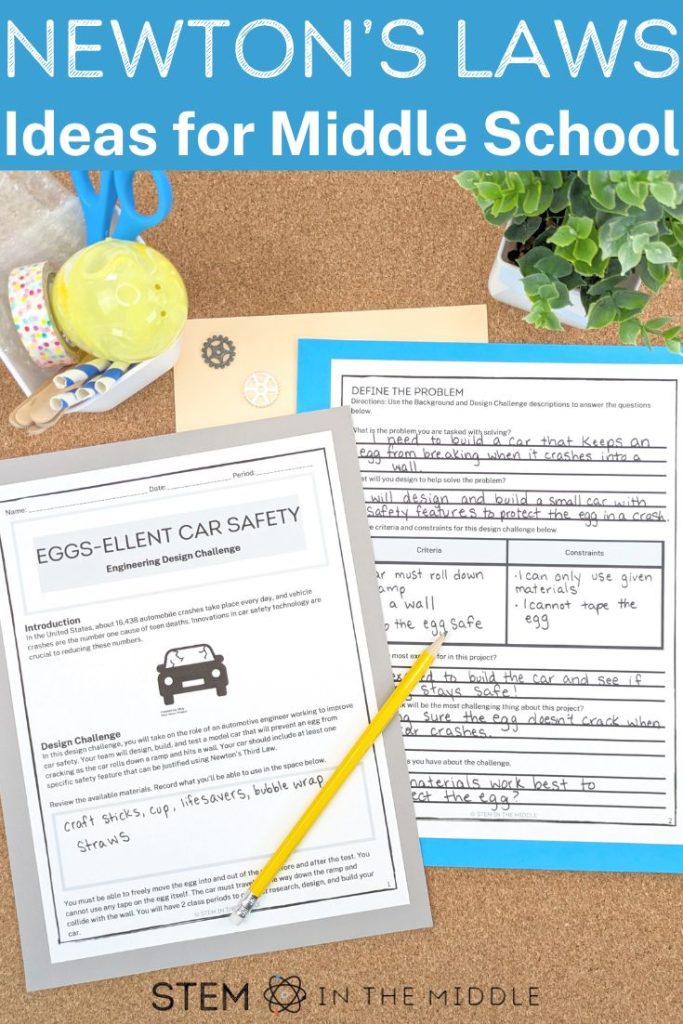 This image has a title, "Newton's Laws: Ideas for Middle School." The image shows a worksheet titled "Egg-cellent Car Safety Engineering Design Challenge." The worksheet is partially completed and is surrounded by various building supplies such as a plastic egg, pipe cleaners, wooden craft sticks, and tape.