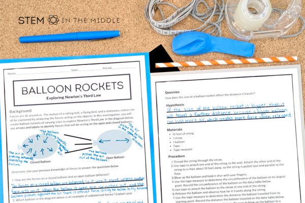This image shows two worksheets titled "Balloon Rockets." The image shows a force diagram on an inflated balloon and an experimental procedure for exploring balloon rockets. Above the worksheet is a blue balloon, string, tape, a straw, and a pen.