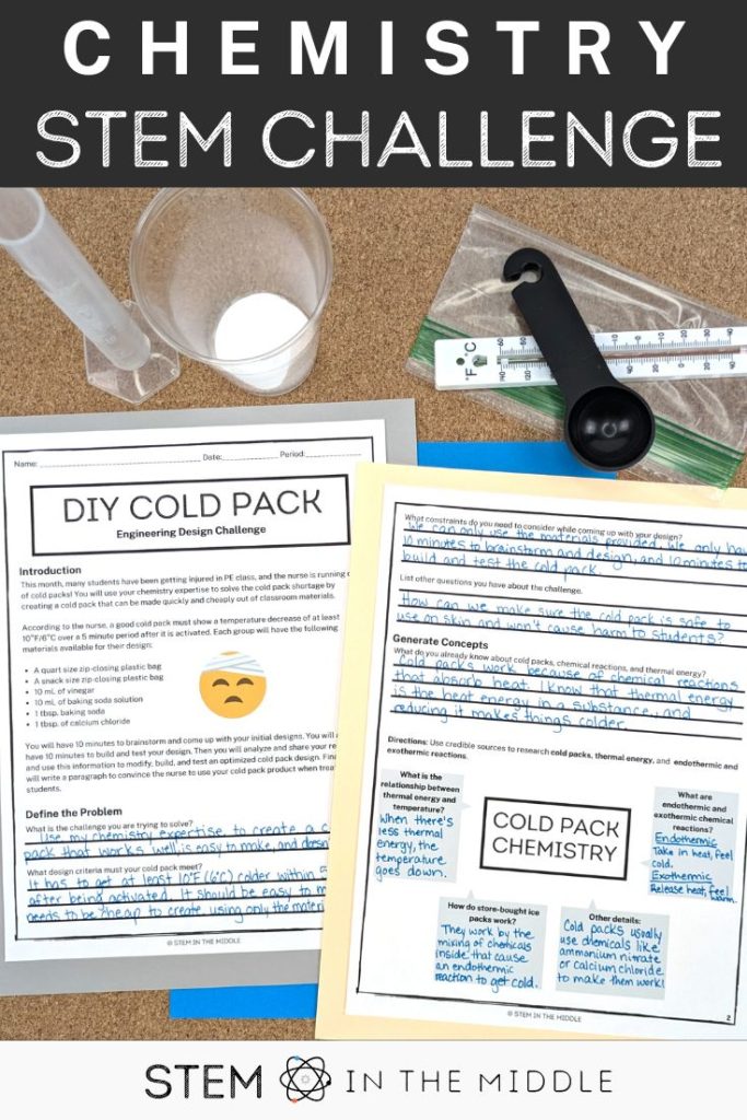 The title reads, "Chemistry STEM Challenge." The picture shows a worksheet titled "DIY Cold Pack: Engineering Design Challenge." A graduated cylinder, a cup of baking soda, a thermometer, a resealable plastic bag, and a measuring spoon are pictured in the background.