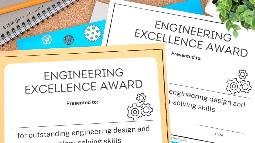 This image shows color and black and white versions of an "Engineering Excellence Award" presented to a student who has outstanding engineering design and problem-solving skills. 