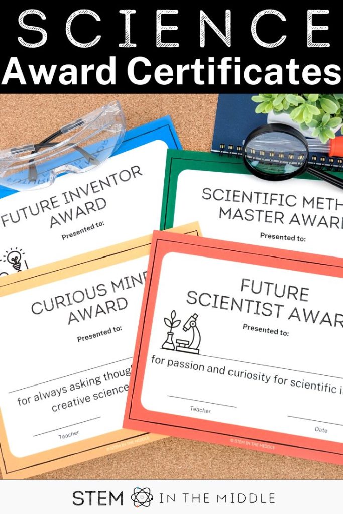 This image is titled "Science Award Certificates." The image show sample awards, including "Future Inventor," "Scientific Method Master," Curious Mind," and "Future Scientist." 