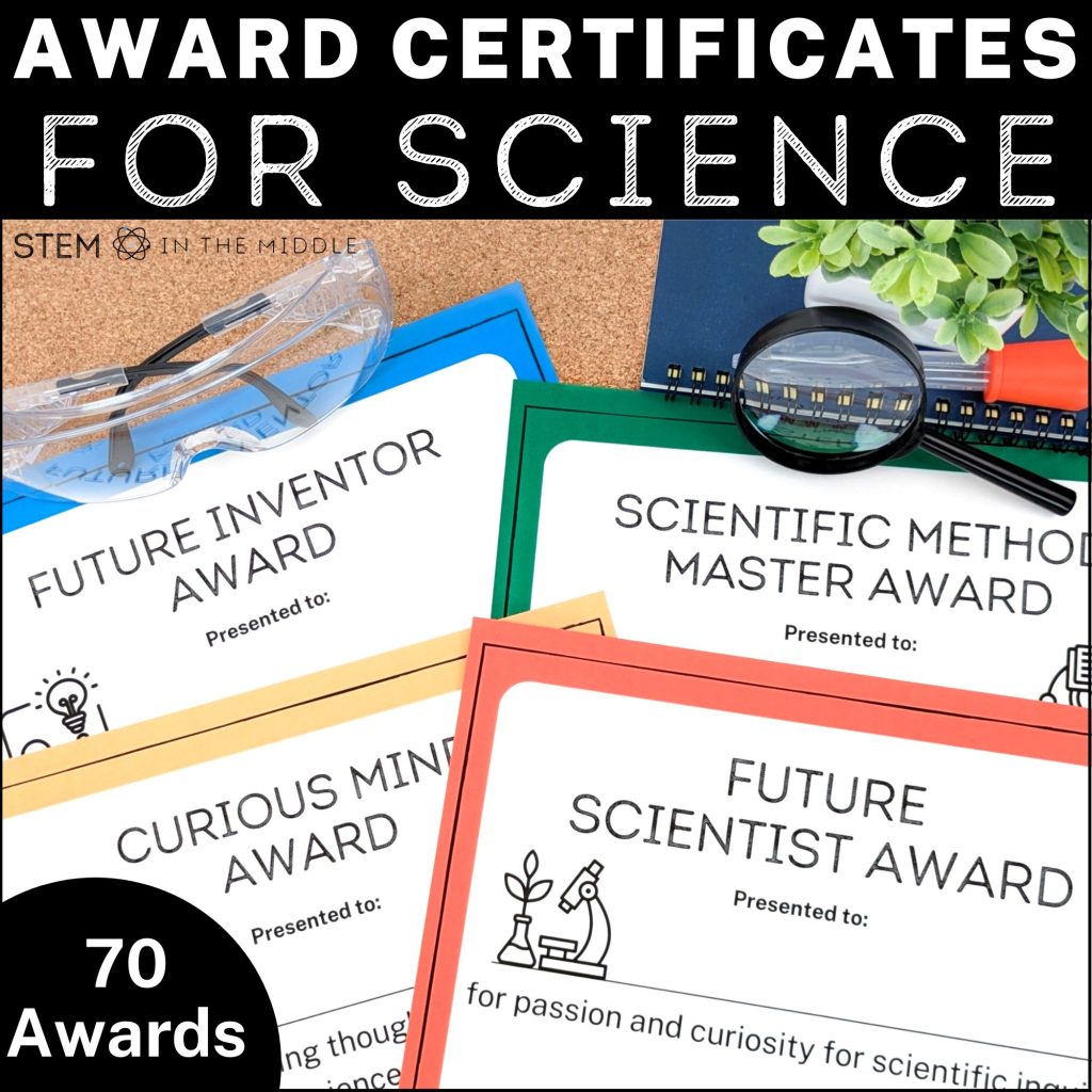 This image is titled "Award Certificates for Science." The image shows sample awards from a set of 70, including "Future Inventor Award," "Scientific Method Master," "Curious Mind Award," and Future Scientist Award."