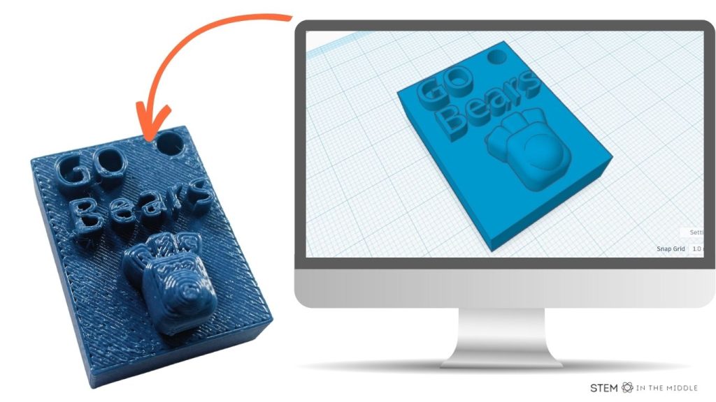 This image shows a CAD sketch of a blue keychain that says "Go Bears" with a paw print. It then shows a 3D print of the same keychain.