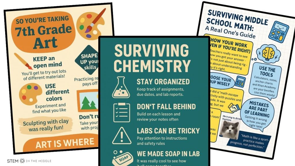 This image shows three end-of-year reflection and advice infographics created by students. One titled "So You're Taking 7th Grade Art." Another is "Surviving Middle School Math," and the third is "Surviving Chemistry." Each poster gives tips and advice to new students taking these courses