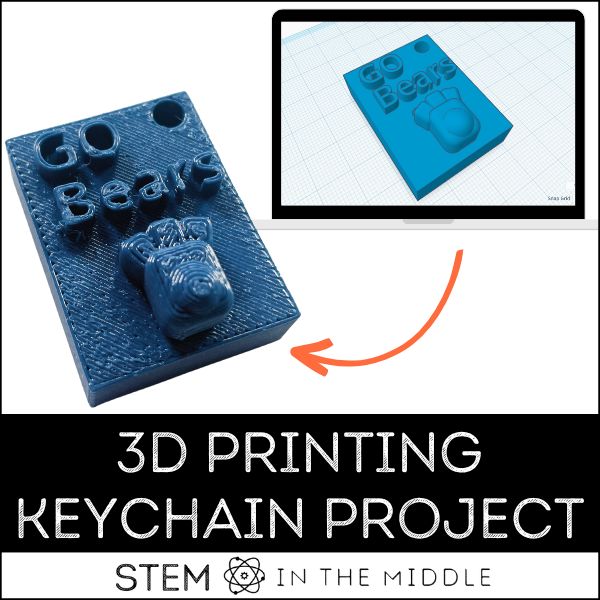 This image is titled, "3D Printing Keychain Project." The image shows a blue 3D printed keychain tag that reads, "Go Bears" and features a paw print. The keychain tag is next to a laptop that shows a 3D sketch of the same keychain tag.