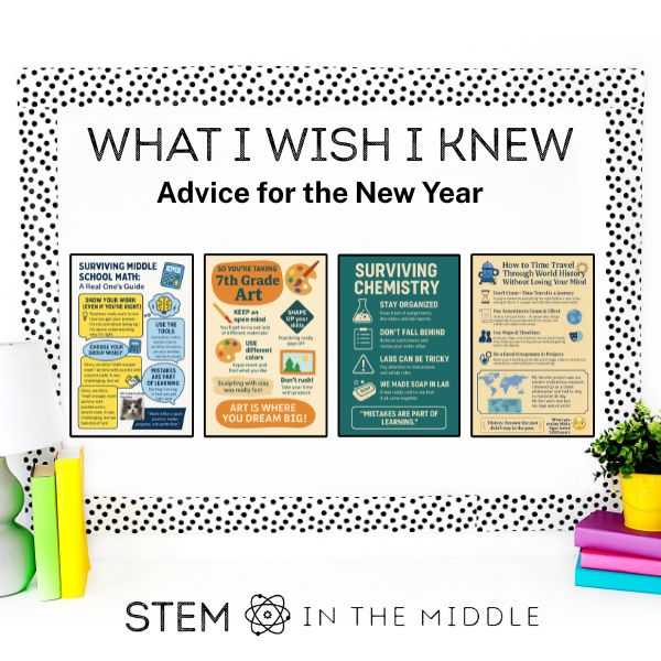 This image shows a bulletin board titled, "What I Wish I Knew: Advice for the New Year." It shows 4 student created infographics to share advice.