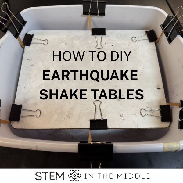This image shows an earthquake shake table created from a whiteboard suspended inside a larger box using rubber bands and binder clips. The text reads, "How to DIY Earthquake Shake Tables."