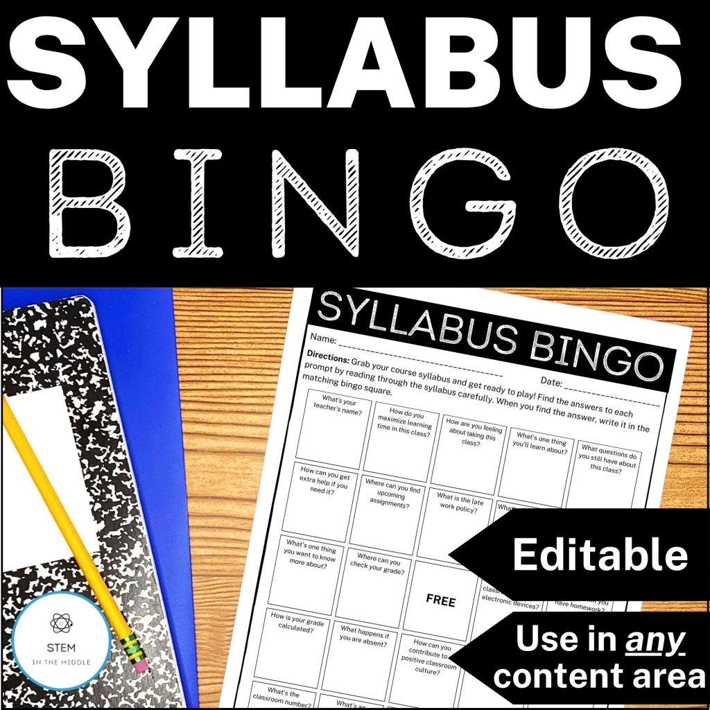 This image shows a worksheet titled "Syllabus Bingo." Each of the bingo squares has a question for students to answer about a course syllabus. The text reads "Editable, Use for Any Content Area."