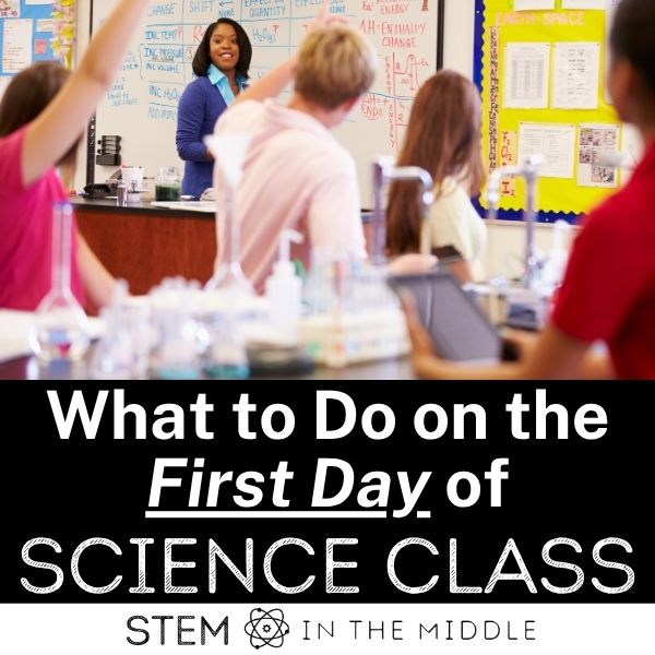 This image shows a teacher standing in front of a white board in a Science classroom. There are four students facing the front of the room with their hands raised. The text reads, "What to do on the first day of science class."