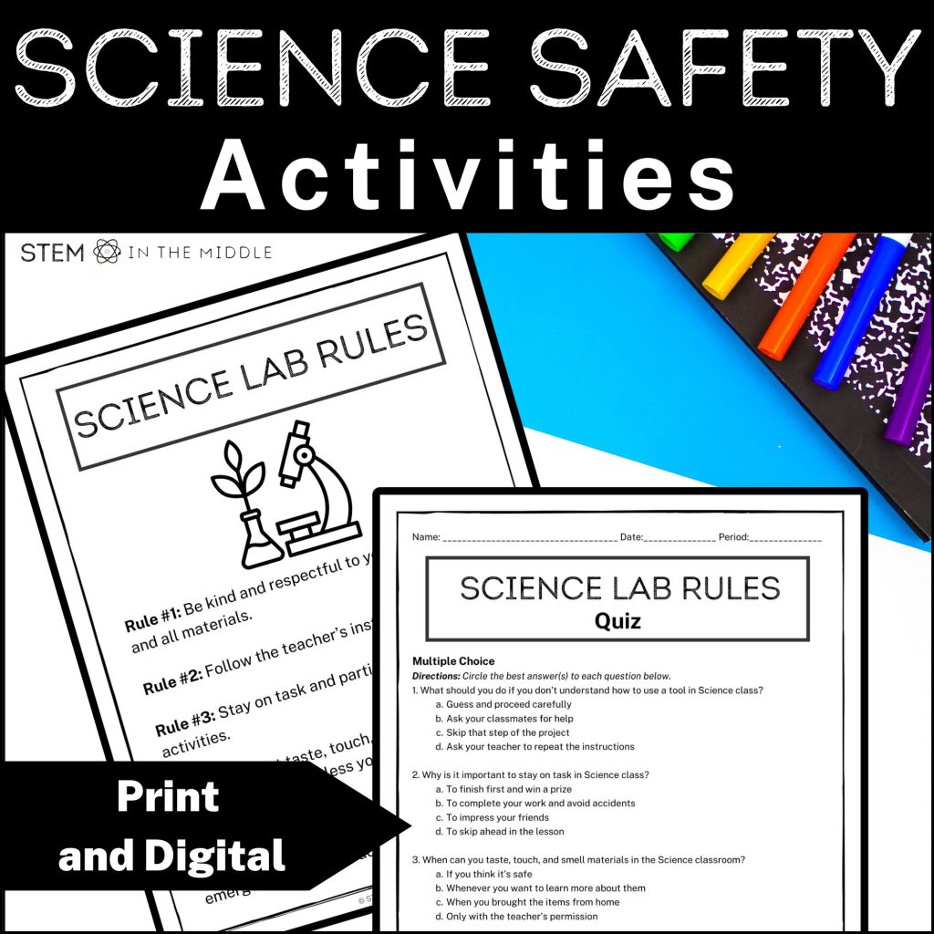 This image shows two worksheets titled "Science Lab Rules" and "Science Lab Rules Quiz." The text reads, "Science Safety Activities: Print and Digital."