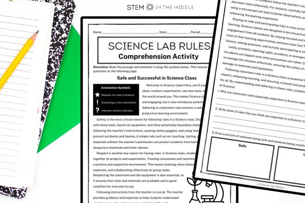 This image shows two worksheets titled "Science Lab Rules: Comprehension Activity." The worksheets include a reading and reflection questions. They are sitting next to a black marbled composition book and pencil.