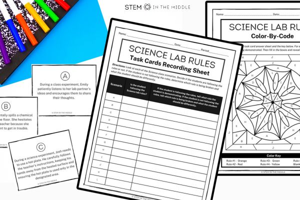 This image shows three task cards with science lab safety scenarios. There is a recording sheet where students list the scenario is safe or unsafe and tell which science lab safety rule is being demonstrated or broken. Then there is a color-by-number activity that is completed with the information on the recording sheet.