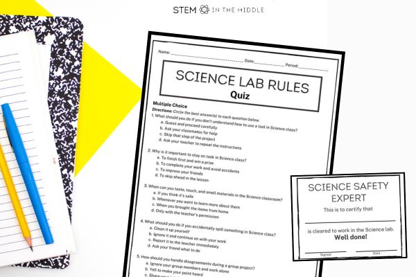This image shows a Science Lab Safety quiz worksheet and a small badge to be awarded to "Science Safety Experts." To the left of the worksheets are a composition notebook, pencil, and pen.