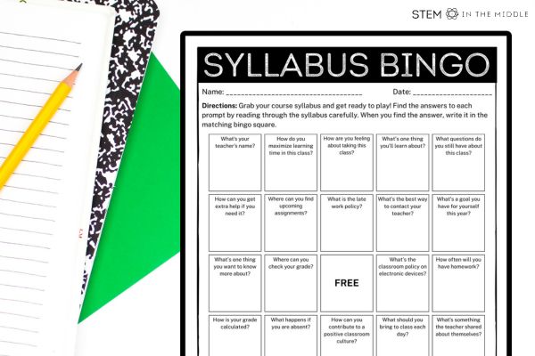 This image shows an open notebook with a pencil laying across the paper. To the right is a worksheet titled "Syllabus Bingo." Each of the bingo squares has a question about a class syllabus, such as "What's the best way to contact your teacher?" and "How often do you have homework?"