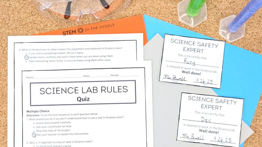 This image shows a two-page science safety quiz. Next to the quiz are "science safety expert badges" printed and completed with student names.