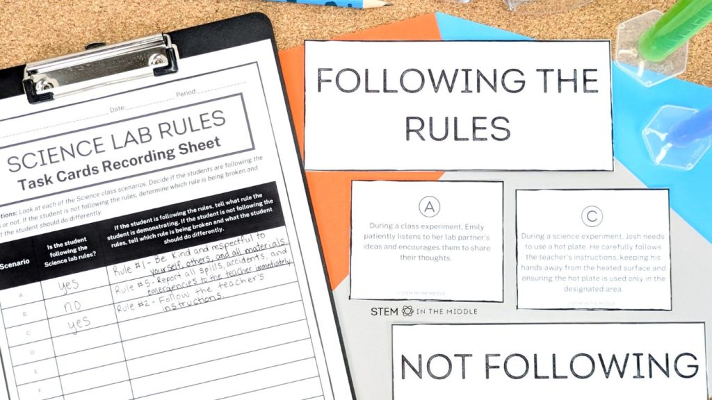 This image shows a card sort and a recording sheet for a Science safety rules activity.