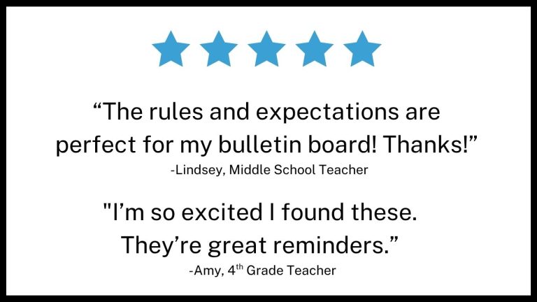 This image shows two teacher reviews for the STEM Lab Rule Posters. The first reads "The rules and expectations are perfect for my bulletin board! Thanks!" The second reads, "I'm so excited I found these. They're great reminders."