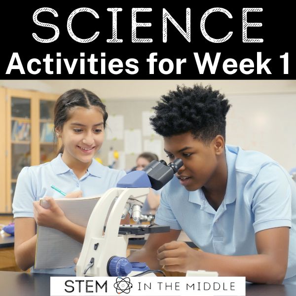 The image shows a student looking into a microscope and another student standing near by with a notebook and pencil in hand. The text reads "Science Activities for Week 1"