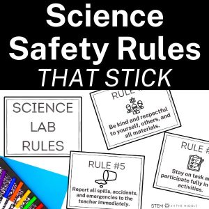 This image shows 4 science safety rules. The text reads "Science Safety Rules That Stick."