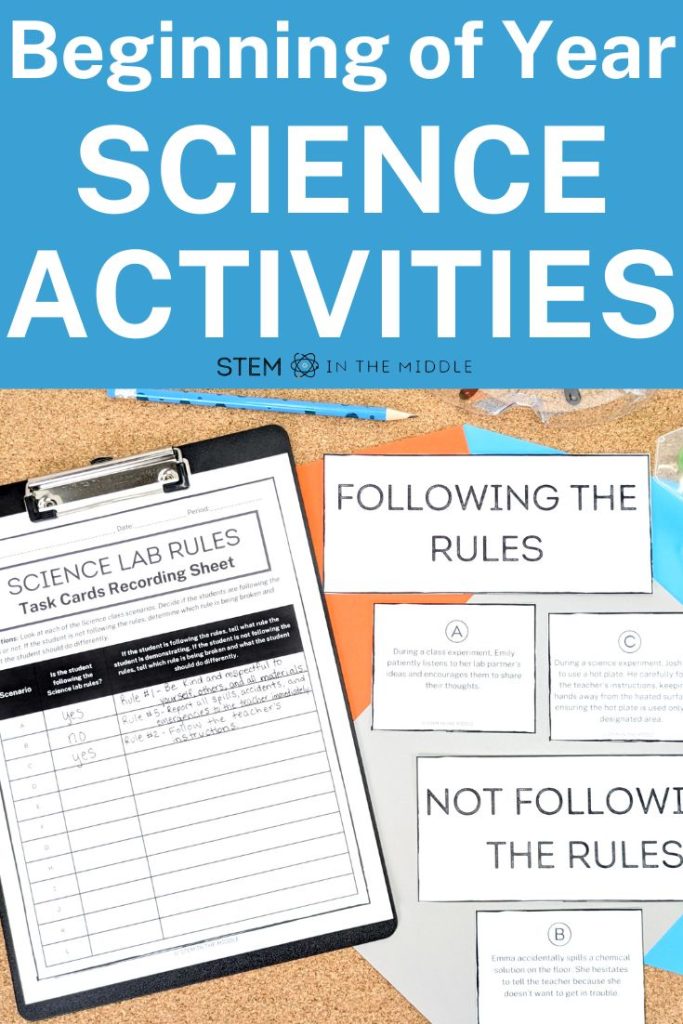 This image shows a Science Safety Rules card sort and recording sheet. The text reads "Beginning of Year Science Activities."