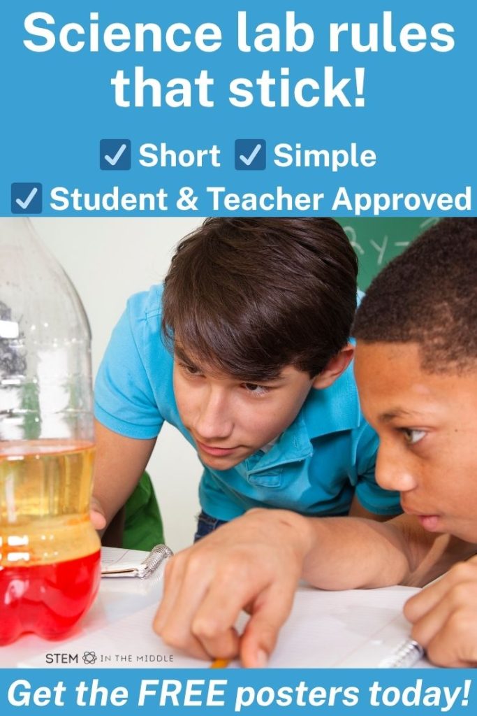 This image shows two teens observing layers of liquid inside a plastic bottle. The text reads, "Science lab rules that stick: Short, Simple, Student & Teacher Approved. Get the free posters today!"