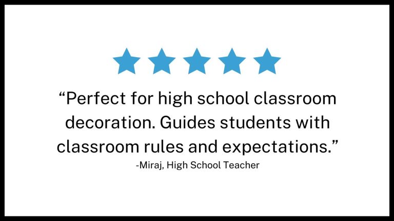 This image shows a teacher review of the Science lab rules posters. There are 5 stars followed by a quote: "Perfect for high school classroom decoration. Guides students with classroom rules and expectations." - Miraj, High School Teacher.