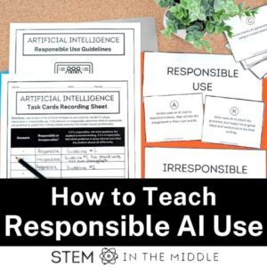 This image shows Responsible Use AI student worksheets partially completed. There is a card sort with Responsible and Irresponsible headings and a task recording sheet. The text reads "How to Teach Responsible Use AI."