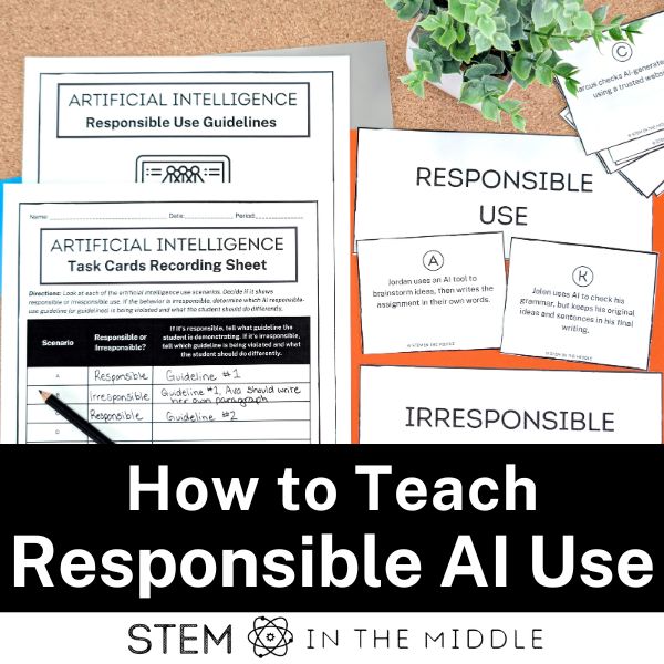 This image shows Responsible Use AI student worksheets partially completed. There is a card sort with Responsible and Irresponsible headings and a task recording sheet. The text reads "How to Teach Responsible Use AI."