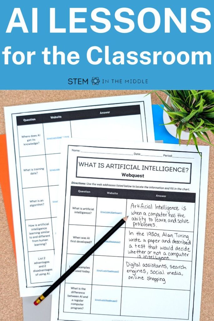 This image heading reads, "AI Lesson for the Classroom." The image shows a partially completed "What is AI?" webquest worksheet.