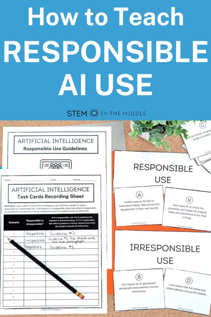 The title reads, "How to Teach Responsible AI Use." The image shows a card sort with "responsible" and "irresponsible" artificial intelligence scenarios. There is also a recording sheet partially completed.