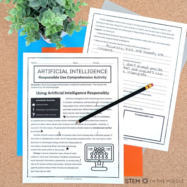 The image shows a partially completed student worksheet titled "Responsible AI Use." It includes a reading passage and comprehension questions.