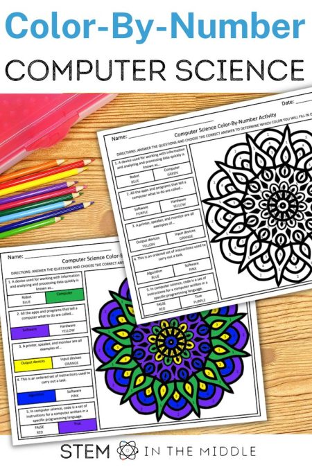 This image shows a pencil box and colored pencils next to a worksheet titled "Computer Science Color By Number Activity." The worksheet has computer science vocabulary questions and a blank mandala to be colored.