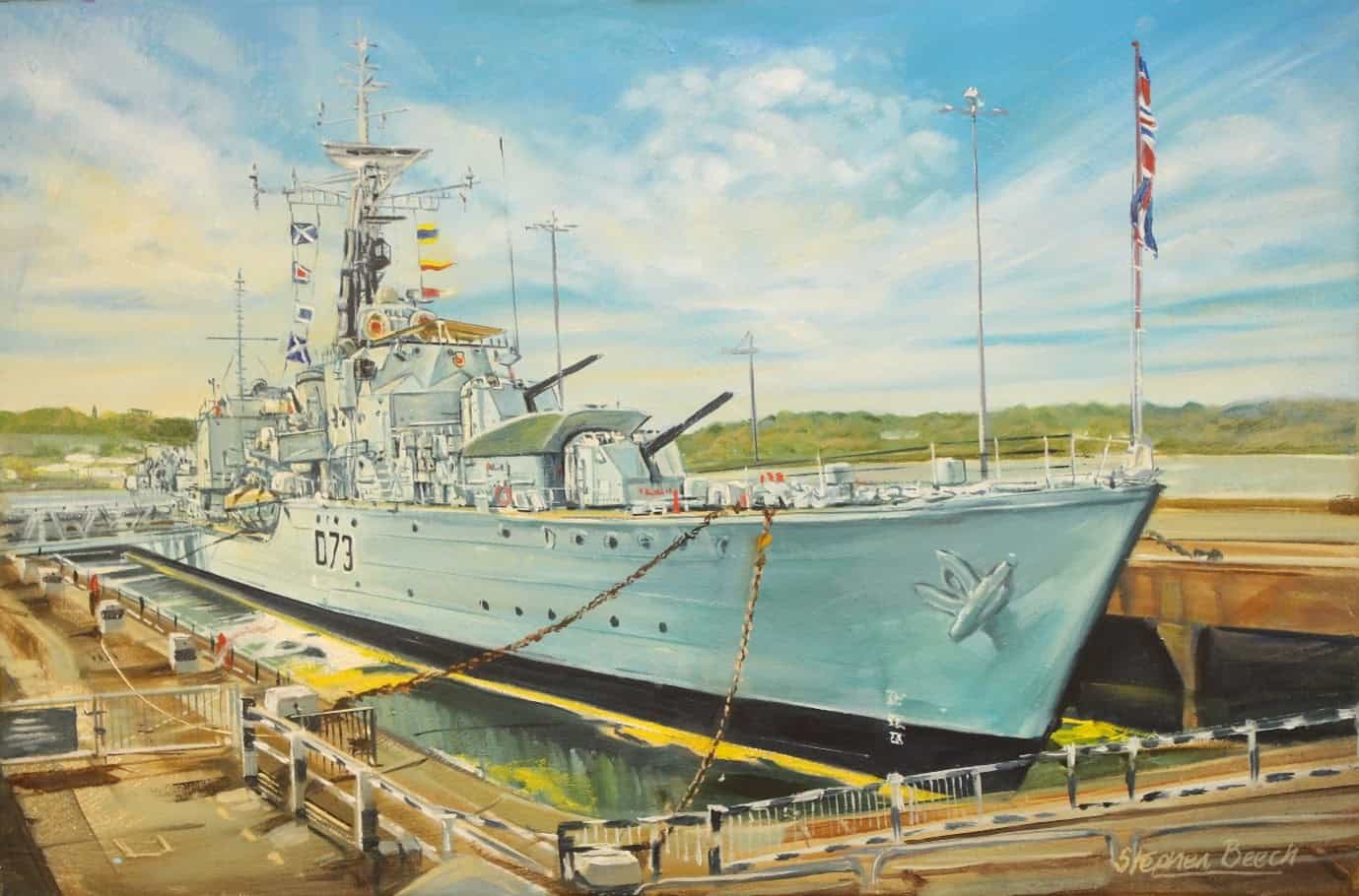 HMS Montrose on Patrol Battleship docked under blue sky with United Kingdom flags waving