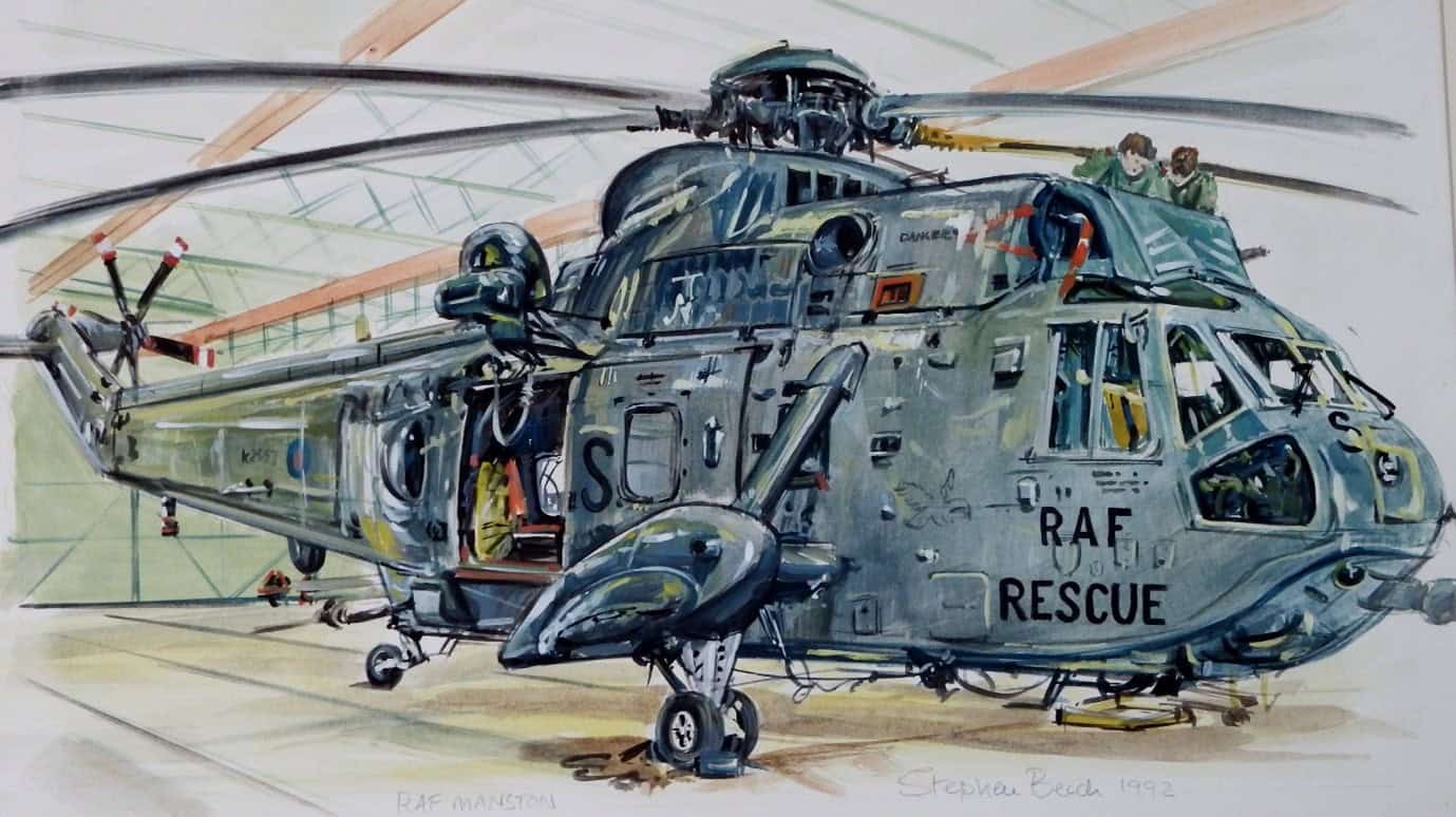 Canvas painting of a RAF rescue helicopter in hangar signed by Stephen Beech in 1992