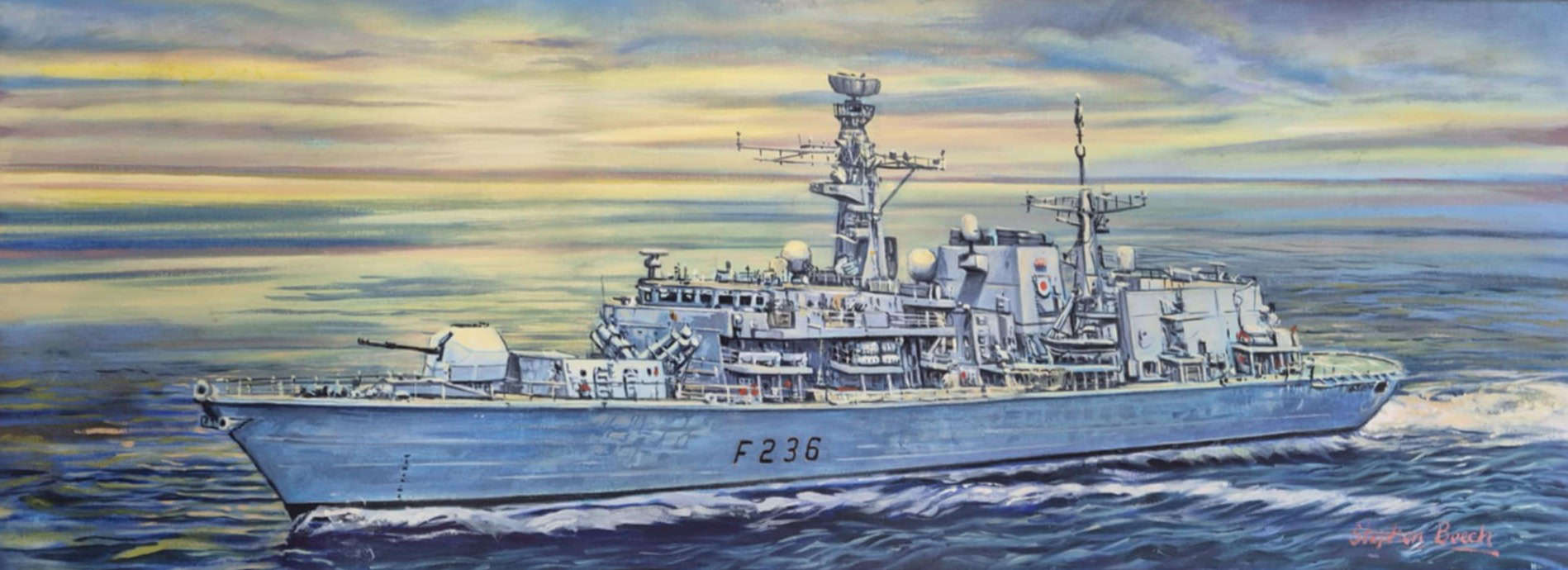 Painting of naval warship F236 at sea.