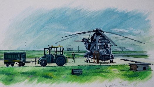 RAF Sea Rescue Helicopter and military vehicle scene in a grassy field.