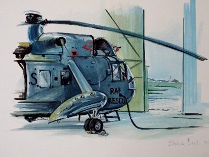 Canvas Painting RAF rescue helicopter in hangar