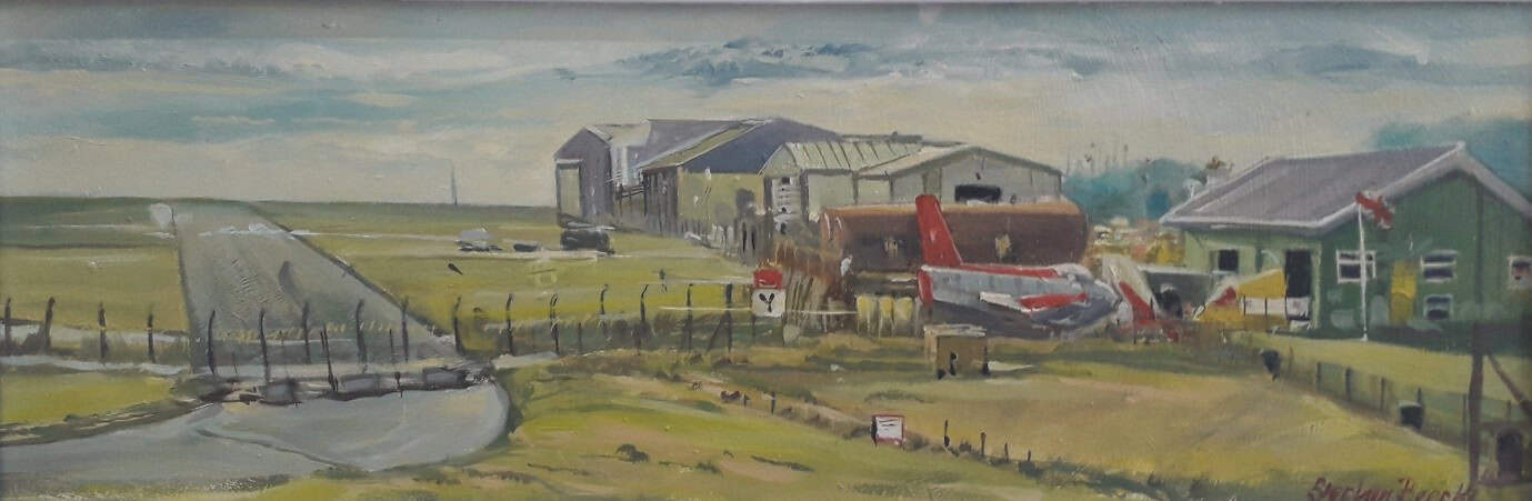 Canvas Painting of RAF Manston Airfield with vintage aircraft and hangars.