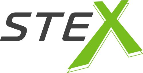The stex logo on a black background.