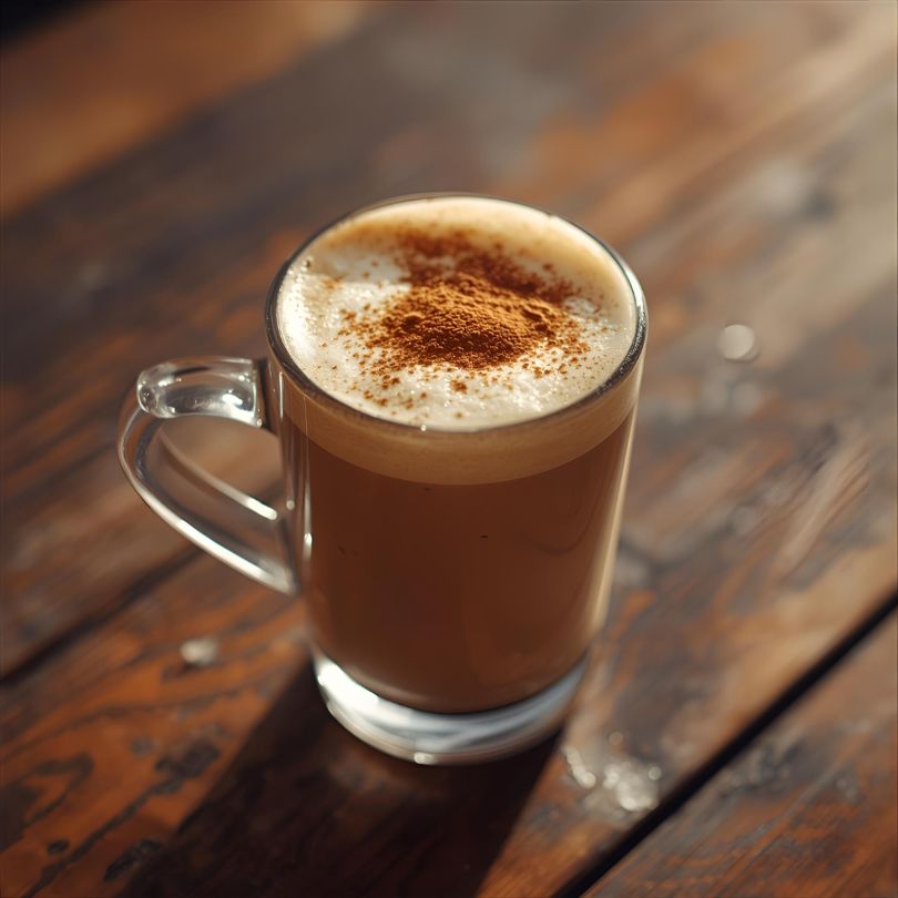 Maple Latte with a cinnamon topping on a wooden table