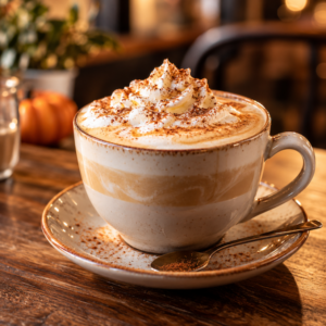 Maple Latte topped with whipped cream