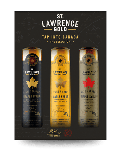 Trio of St. Lawrence Gold maple syrups in gift pack, perfect for gifting.