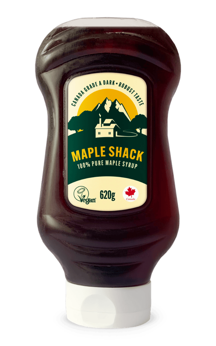 Maple Shack 100% pure maple syrup in a dark, rich bottle.