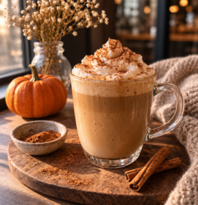 Pumpkin spice latte with maple syrup next to a mini pumpkin