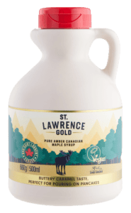 Bottle of St. Lawrence Gold pure amber Canadian maple syrup.
