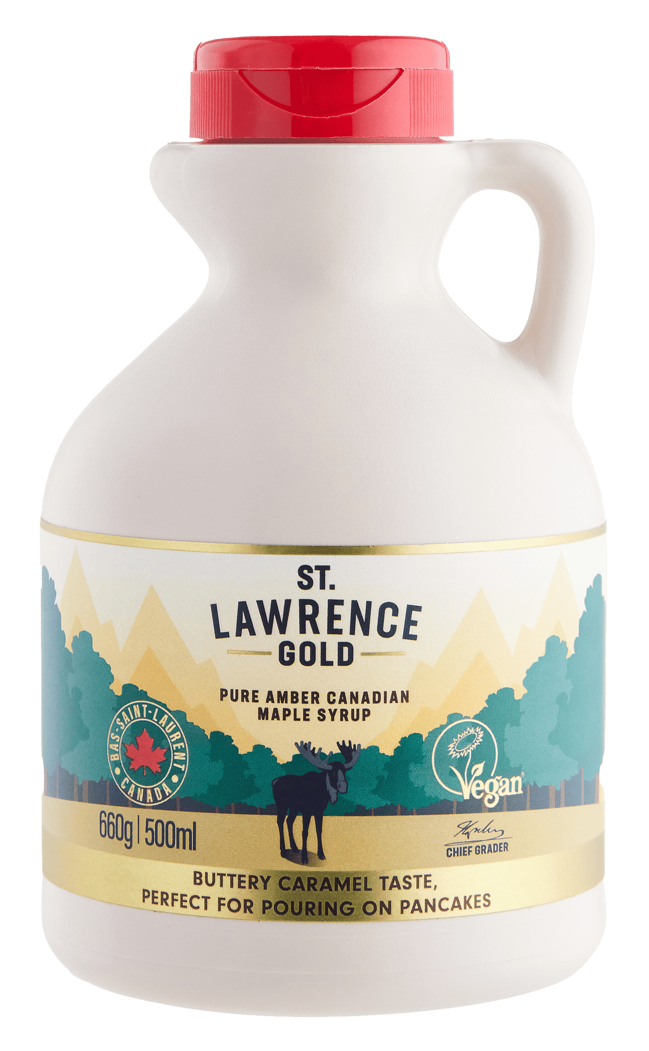 Bottle of St. Lawrence Gold pure amber Canadian maple syrup.