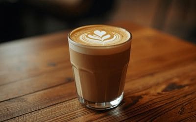 Maple Latte in a glass on a wooden table in daylight