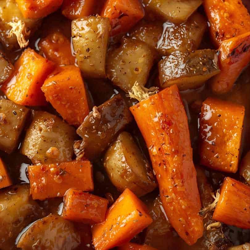 Close up image of maple-glazed roasted root vegetables