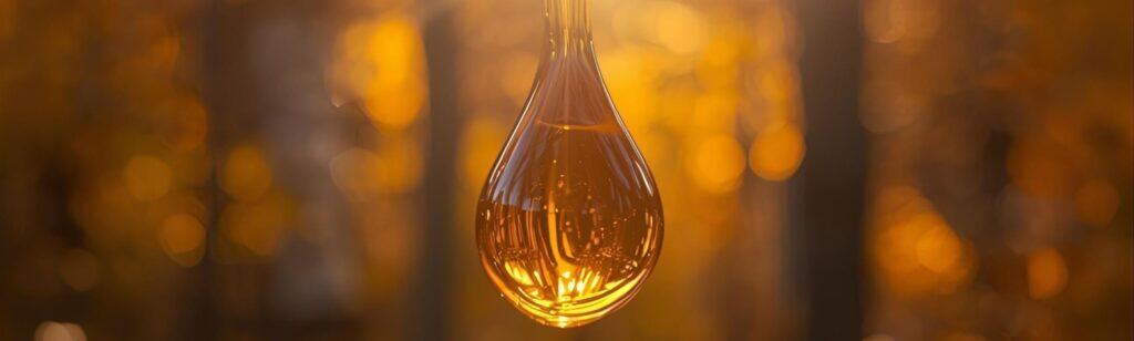 Pure maple syrup with a maple forest background