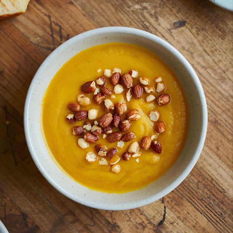 Creamy sweet potato soup topped with chopped nuts, served in a white bowl.